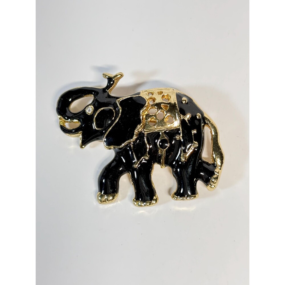 Vintage Black Enamel Elephant Brooch Gold Tone Rhinestone Figural Pin